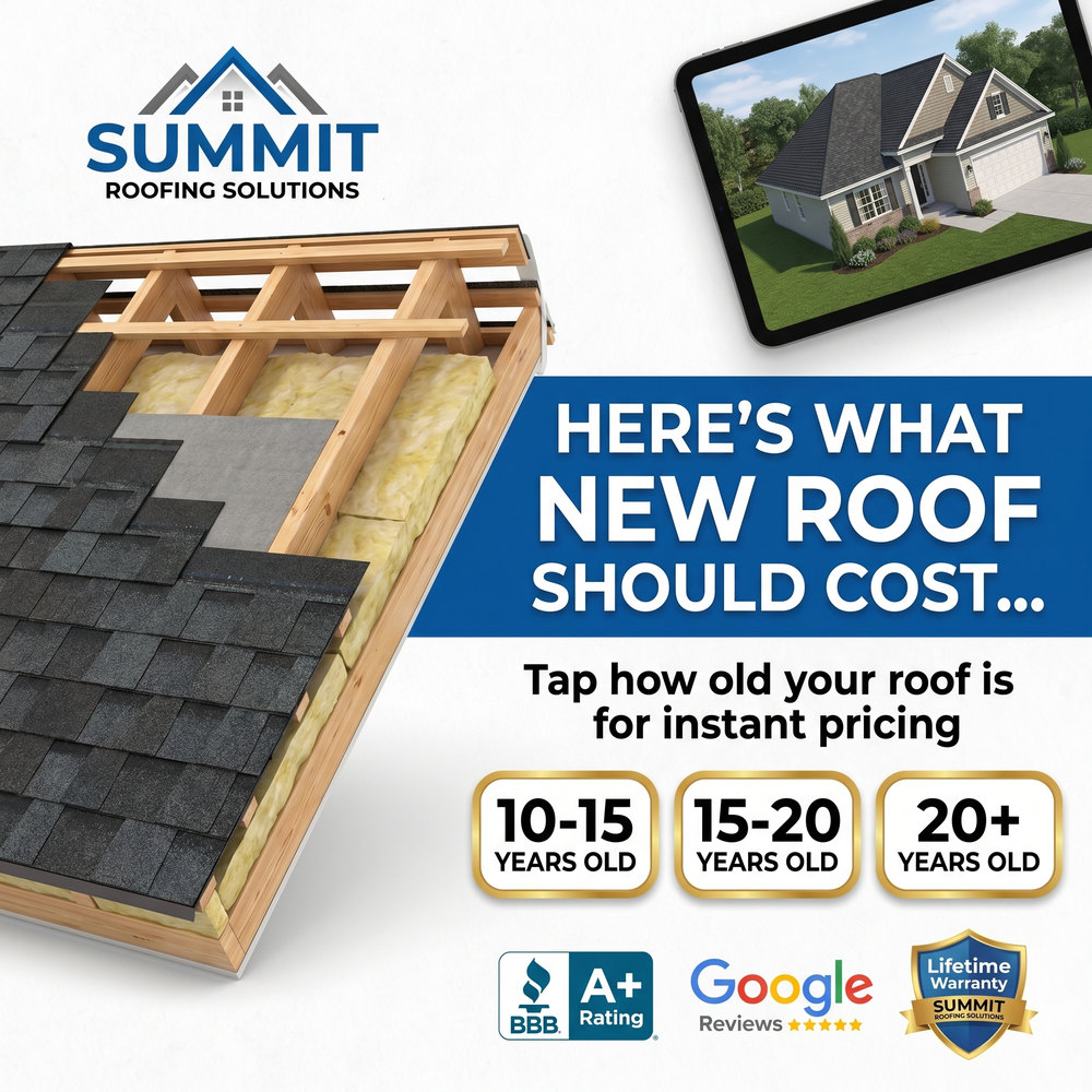 Facebook ad for a roofing company: here is what a new roof should cost, tap how old your roof is for instant pricing