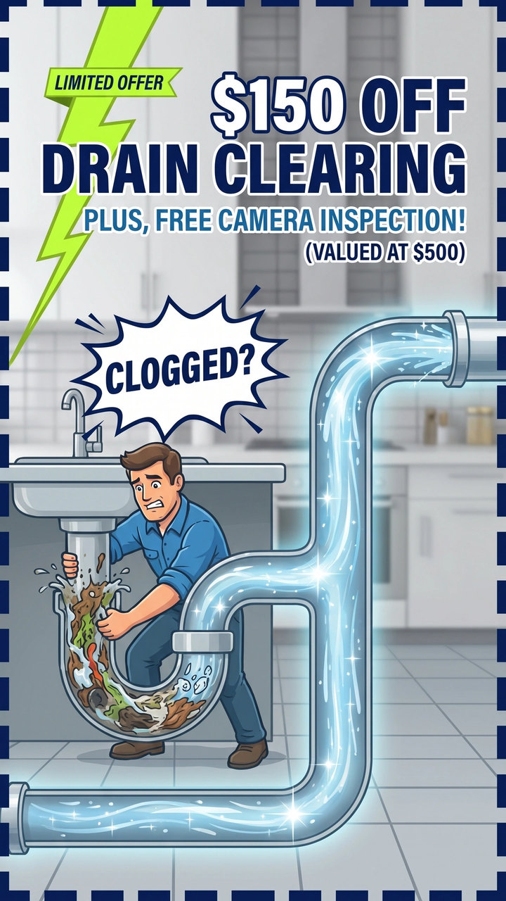 Vertical reel ad for a plumber: one hundred fifty dollars off drain clearing plus a free camera inspection